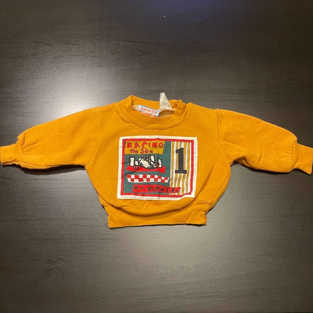 VINTAGE Certified Kid Children's Crewneck Mustard Racing Theme Size 12m